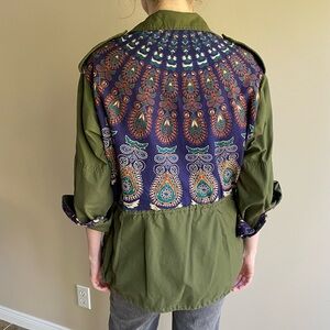 Army Green Utility Jacket w Boho Print on back, Military Coat, Spring, Anthro